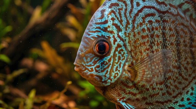 Close up of a vibrant blue turquoise discus fish swimming in an aquarium with aquatic plants.