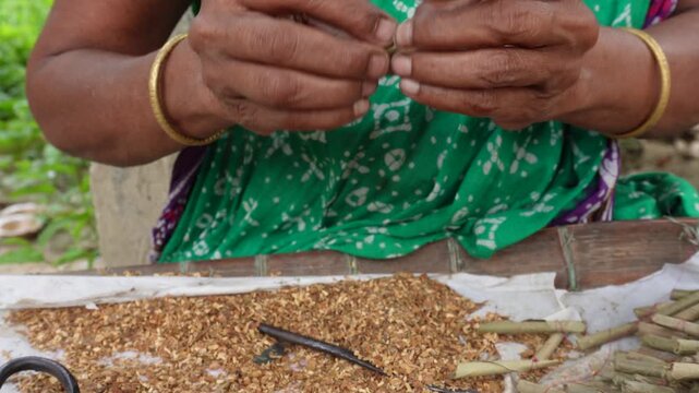 Traditional beedi rolling with skilled hands at work