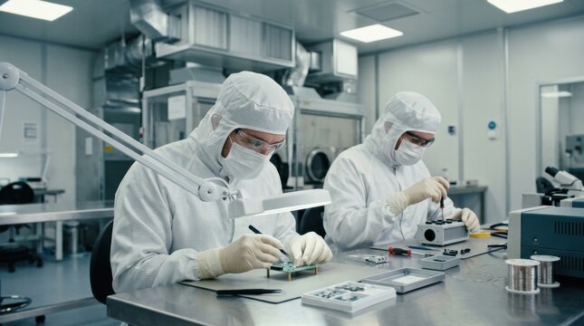 Technicians in an ISOcertified cleanroom carefully assemble environmental sensors emphasizing precision and contamination control amid advanced filtration systems.