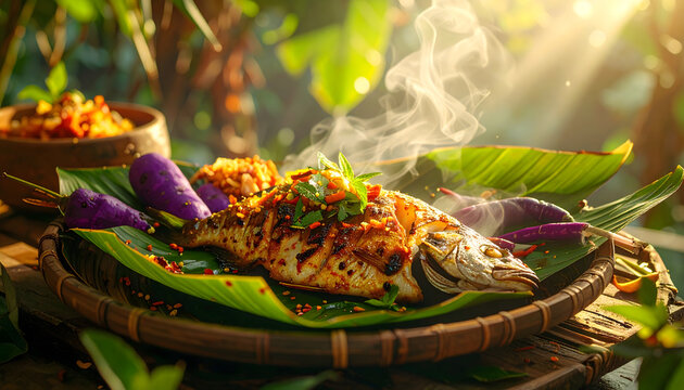 Meal served on banana leaves with grilled fish exotic spices purple yams and jungle herbs while hot steam is rising generative AI