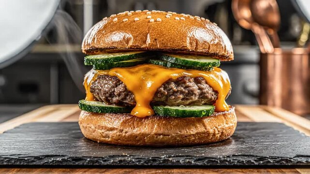 Delicious Gourmet Cheeseburger with Fresh Cucumber and Melting Cheddar Cheese on a Black Slate