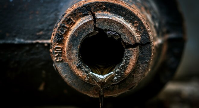 Extreme macro thick cast iron water pipe massive jagged crack.