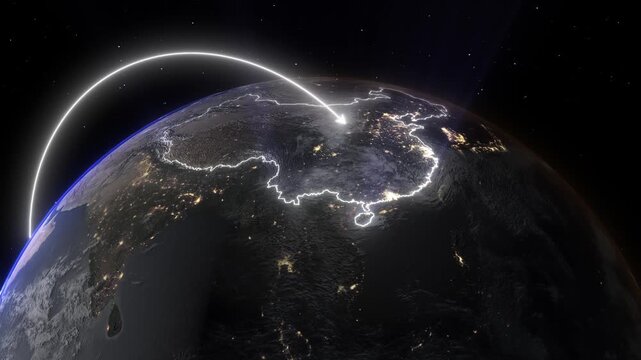 Realistic 3D Earth Night Flight Path Arc from Riyadh Saudi Arabia to Hong Kong China