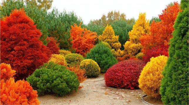 Diverse, brightly colored evergreen shrubs and trees line a meandering garden pathway.