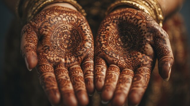 Ornate temporary body art adorns the palms of hands adorned with golden jewelry.