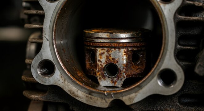Extreme macro completely rusted seized engine piston stuck inside heavily.