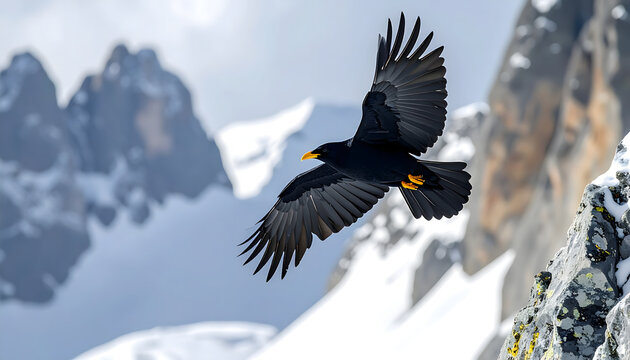 Alpine chough soaring with a bright yellow beak against jagged grey rock faces and white snow couloirs showing dramatic mountain scale generative AI