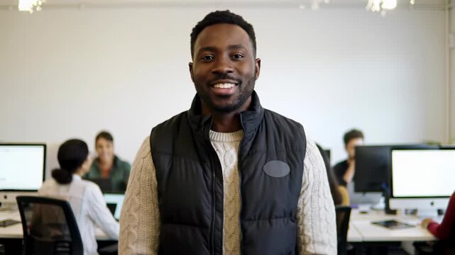 A young african american man in a black puffer vest & beige sweater smiles confidently in a bright open-plan office with blurred colleagues, shallow depth of field, and bokeh. Concept of professional