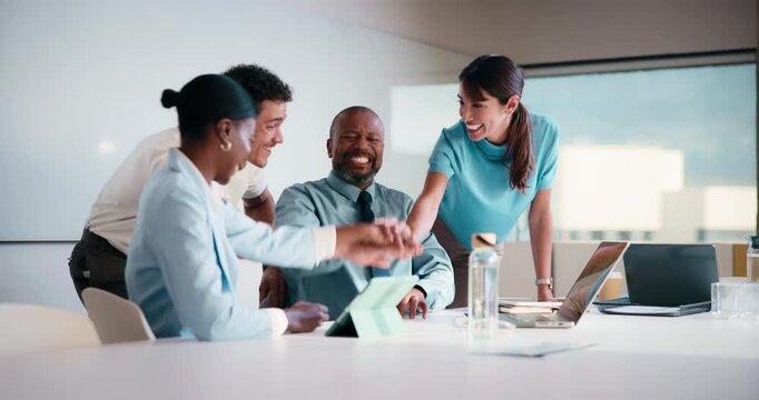 Happy, team and business people with hands together in office for winning, success or mission. Excited, group or employees piling with smile, applause or stack for collaboration or unity in workplace