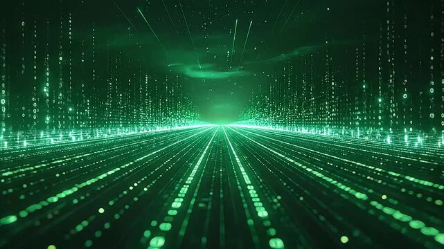 A digital tunnel of glowing green binary code data streams