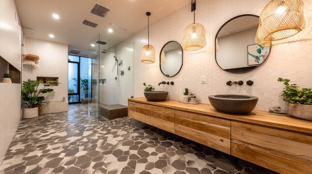 Modern contemporary bathroom showcases natural wood vanity and stone vessel sinks