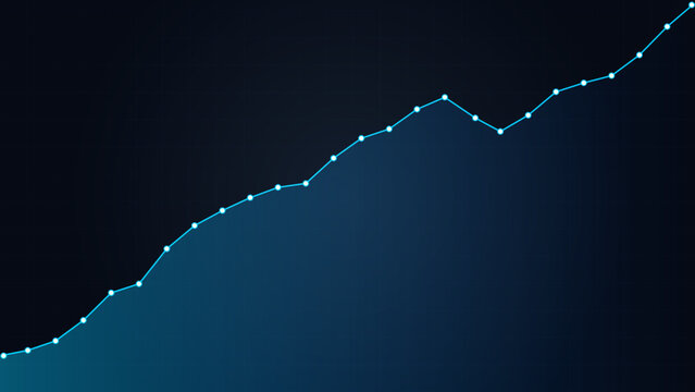 Wealth Growth Blue Dotted Line Chart Uptrend Dark Background. Rising cyan dotted line chart with glowing data points on dark navy blue background representing financial growth and wealth.