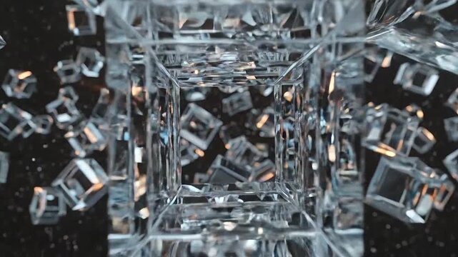 Many transparent glass cubes floating in a dark abstract space