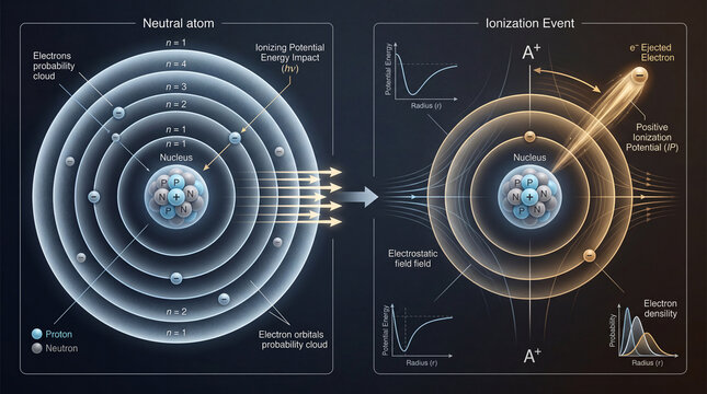 Witnessing an atom's energetic awakening where an electron is majestically ejected revealing the fundamental ionization process