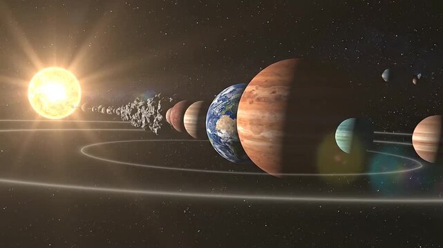 A bright star illuminates various planets and asteroids in space