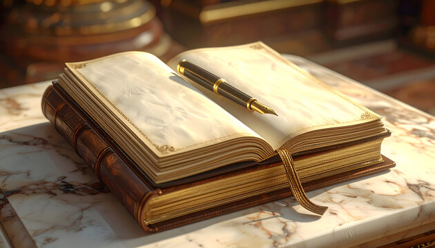 Leather bound guest book lying open on a pedestal with a gold pen resting on thick cream paper with deckled edges generative AI