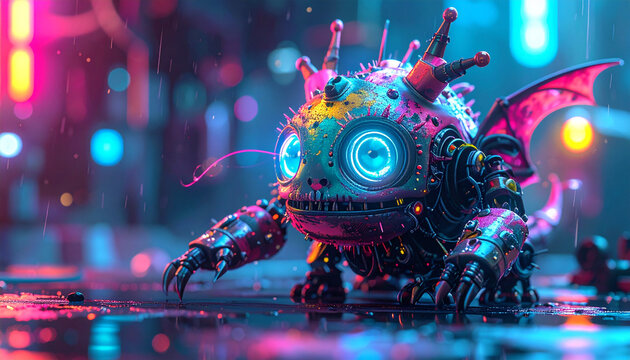 Cyberpunk robot creature with glowing eyes in neon city