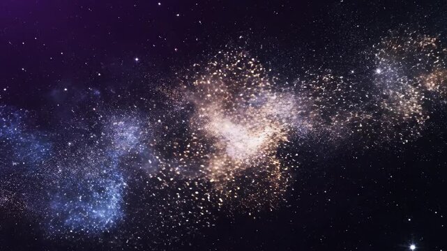 Abstract cosmic dust particles forming a vibrant nebula in deep space, representing the vastness of the universe and stellar creation.