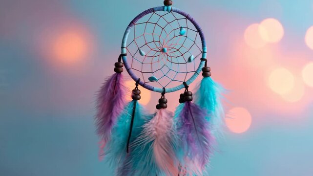Pastel boho tribal dreamcatcher feather bead web hoop decor with turquoise pink glow feather detail and blue purple bokeh hanging calm dreamy mood