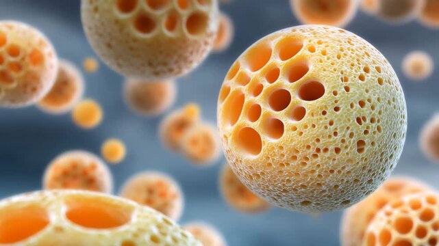 Abstract porous sphere macro pore orange yellow cell structure floating organic form biology texture in soft focus calm science background