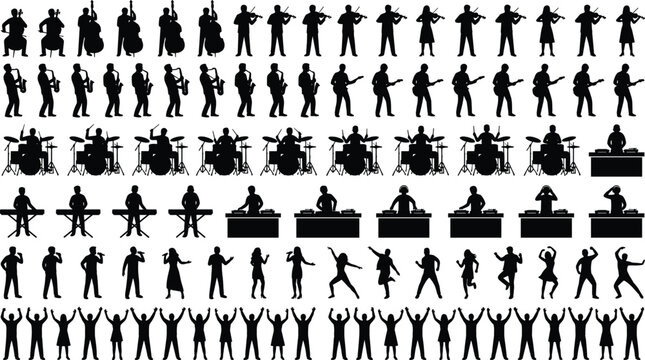 Musicians and concert crowd silhouettes collection featuring band players, singers, DJs, and dancing fans isolated on white background