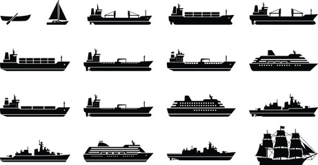 Ships and boats silhouettes collection featuring cargo vessels cruise liners military warships and sailing boats isolated on white background © MDMizanur