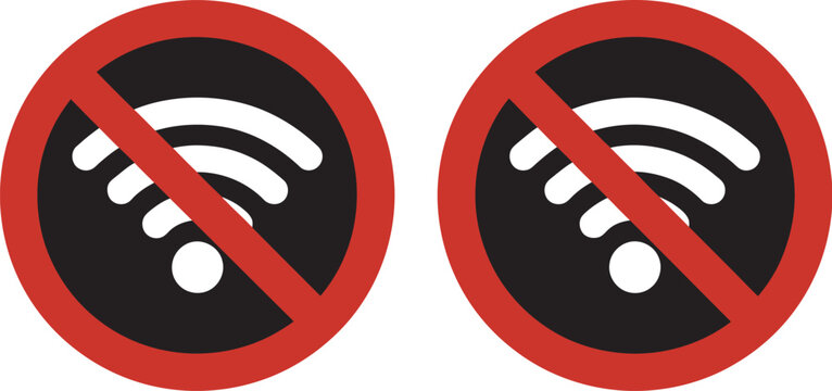 no wifi signal circular icon set with forbidden sign and wireless connection error, internet access restriction symbols for network problems, offline communication graphics,