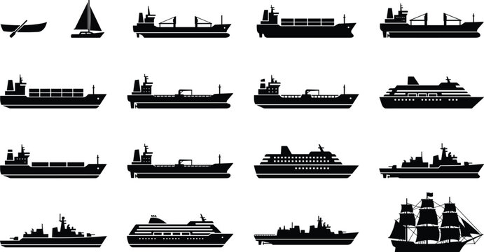 Ships and boats silhouettes collection featuring cargo vessels cruise liners military warships and sailing boats isolated on white background
