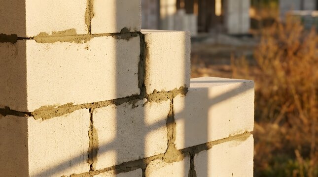 Aerated concrete block masonry wall construction site