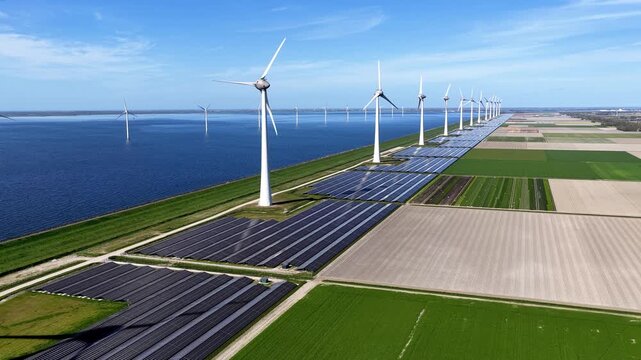 Renewable energy, windmills and solar panels.