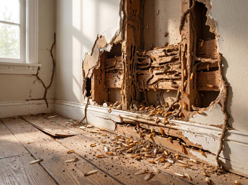 Termite damage. Termite tubes. Termite remediation.
