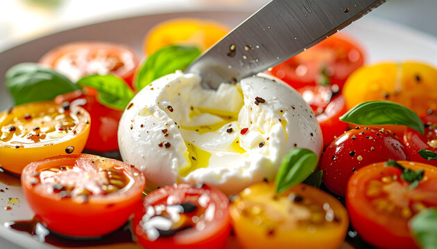 Burrata cheese macro shot sliced with a silver knife revealing creamy stracciatella oozing out with heirloom tomatoes and green basil oil generative AI