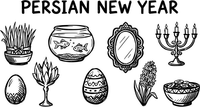 Persian New Year Haft-Seen Symbols Hand-Drawn Line Art