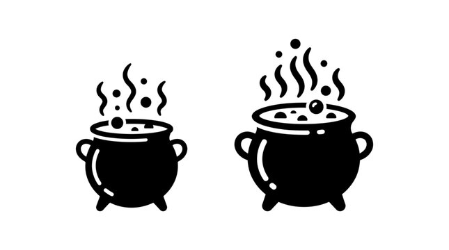 Boiling cauldrons with bubbling magic potion for mystical brews and concoctions