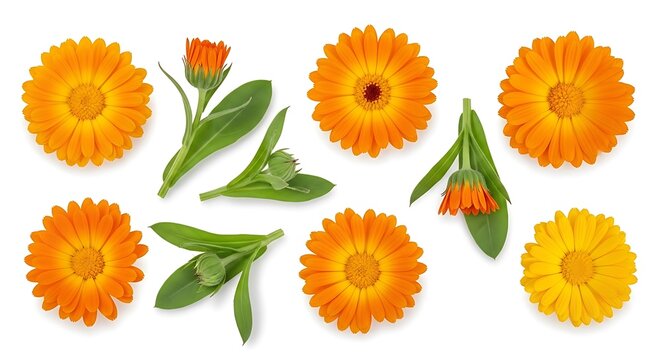 Vibrant orange calendula flowers isolated on white background with green foliage