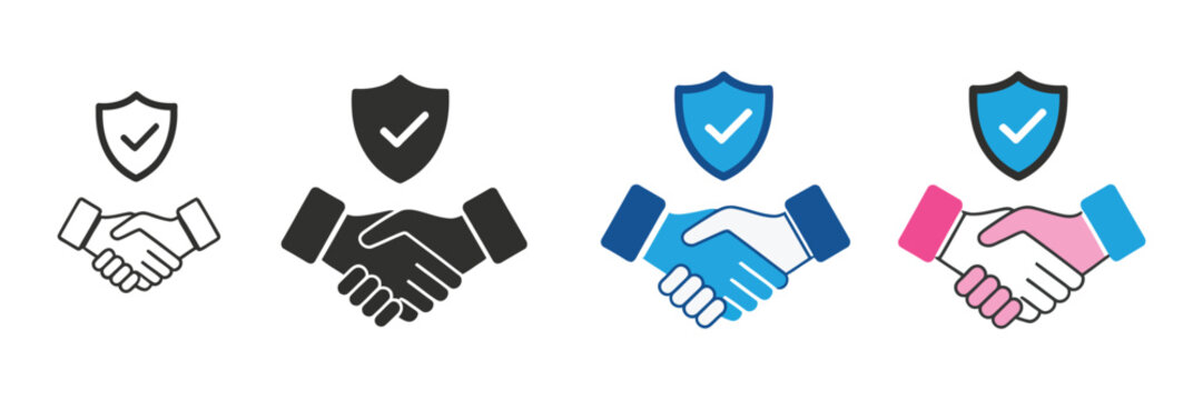 Secure Business Partnership Agreement Icon Set Showcasing Trust, Protection, Verified Deal Completion and Reliable Insured Transactions for Corporate Cooperation Vector Design