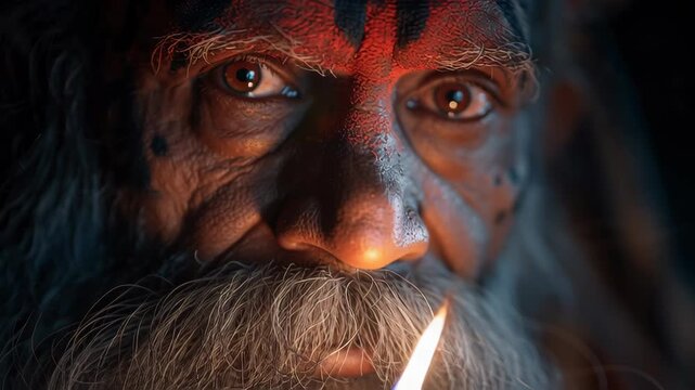 Portrait of an Indian Sadhu performing a traditional ritual with a flame
