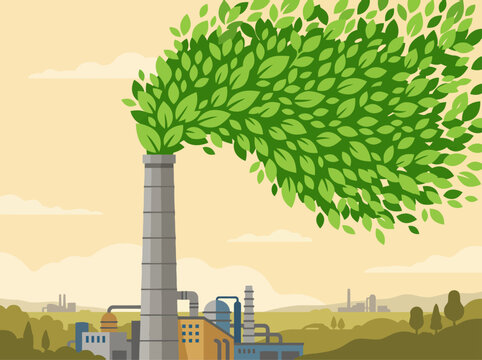 Industrial decarbonization concept: A stylized tree grows from a factory chimney, symbolizing clean energy. Modern, illustrative, and visually impactful.