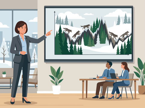 A professional woman presents a market cycle graph to colleagues in a modern office. A scenic mountain landscape backdrop highlights economic trends.  Clear, engaging visual.