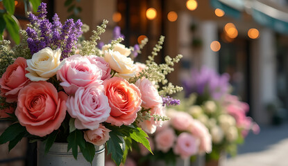 Obraz premium Elegant pink and peach roses bouquet in vintage zinc bucket at a Parisian street market
