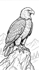 Fototapeta premium Stunning monochrome line art illustration of a powerful bald eagle majestically perched on a rugged rock formation, with a serene mountainous landscape featuring trees in the background
