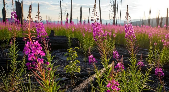 Vibrant pink wildflowers bloom amidst charred trees under sunlight