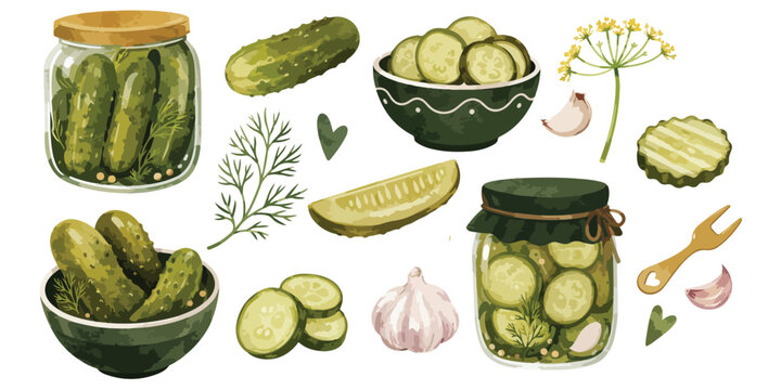 Watercolor Pickled Cucumbers and Gherkins Clipart Set