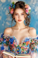 Naklejka premium Portrait of a Young Woman in a Floral Embroidered Dress and Flower Crown