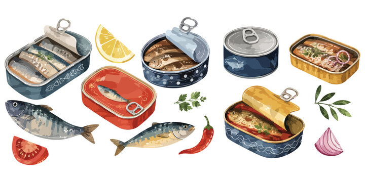 Watercolor Canned Sardines and Seafood Clipart Set