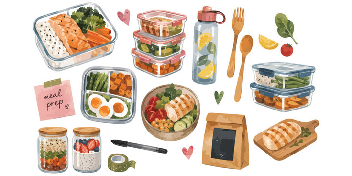 Watercolor Healthy Meal Prep Clipart Set
