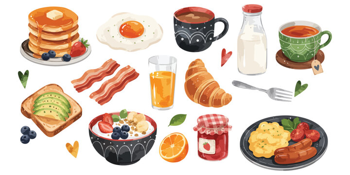 Watercolor Breakfast Food and Drinks Clipart Set