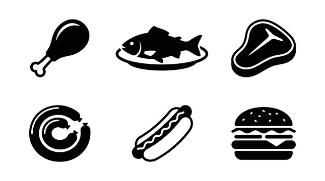 Set of six flat icons for food including chicken leg, fish, steak, burger