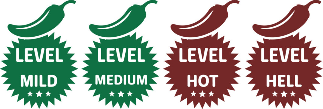 spicy level chili pepper badge labels for food packaging design, hot food heat rating symbols for restaurant menus,