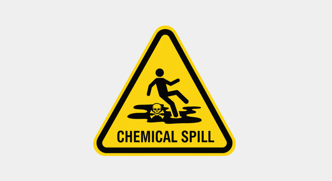 Chemical Spill Warning Sign with Slippery Surface and Toxic Hazard Symbol
